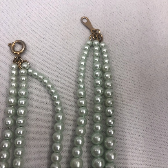 Vintage Faux Pearl Blue Glass 3 Strand Necklace - Picture 7 of 16
